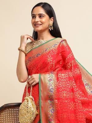Red Pure Bandhej Silk Blend Saree With Blouse Piece 5