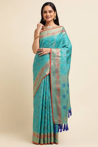 Blue Pure Bandhej Patola Silk Saree Silk Blend Saree With Blouse Piece