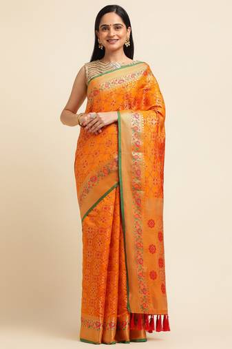 Orange Pure Bandhej Patola Silk Saree Silk Blend Saree With Blouse Piece