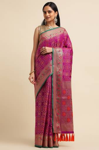 Wine Pure Bandhej Silk Blend Saree With Blouse Piece
