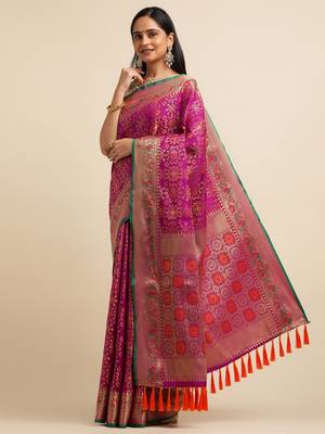 Wine Pure Bandhej Silk Blend Saree With Blouse Piece 2