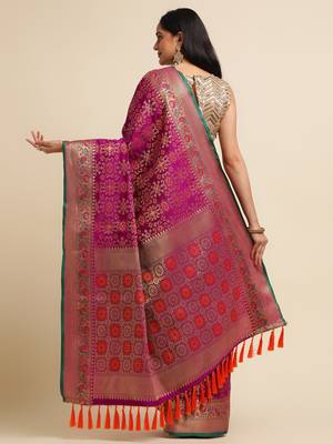 Wine Pure Bandhej Silk Blend Saree With Blouse Piece 3