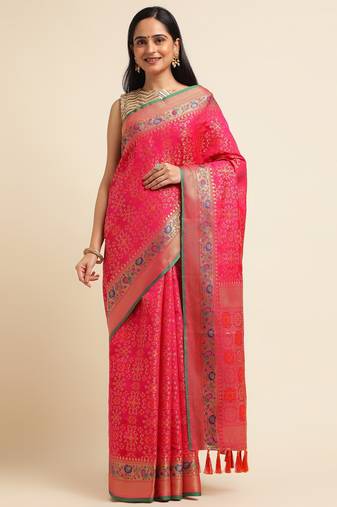 Pink Pure Bandhej Silk Blend Saree With Blouse Piece
