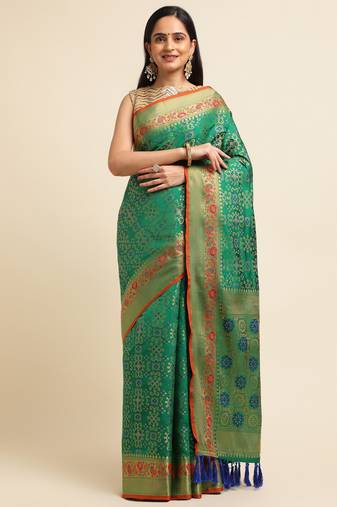 Green Pure Bandhej Silk Blend Saree With Blouse Piece