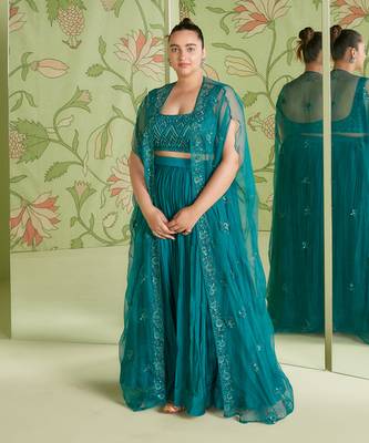 Viridian green indo western jacket set 1