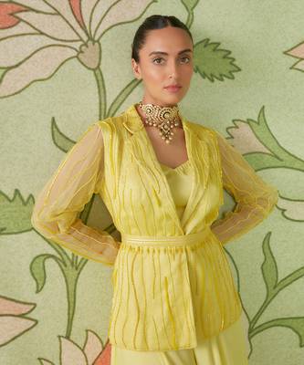Daffodil yellow indo western jacket set with palazzo 4