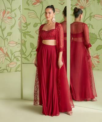 Cherry red indo-western jacket set 1