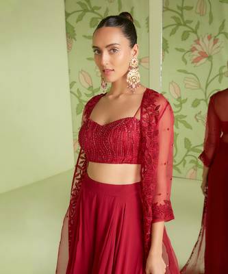 Cherry red indo-western jacket set 2