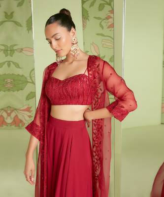Cherry red indo-western jacket set 3