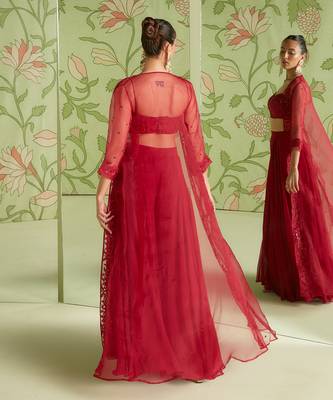 Cherry red indo-western jacket set 4