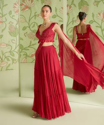 Cherry red concept saree set 1