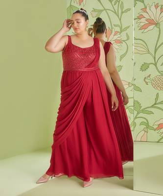 Cherry red jumpsuit saree 1