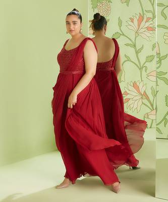 Cherry red jumpsuit saree 2