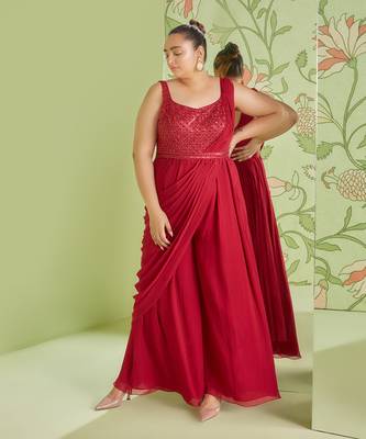 Cherry red jumpsuit saree 3