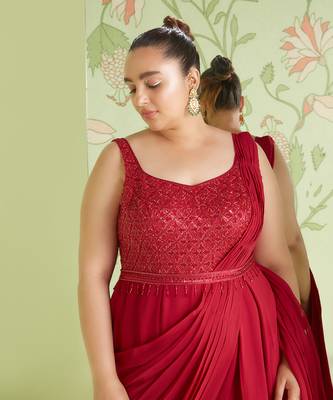 Cherry red jumpsuit saree 4