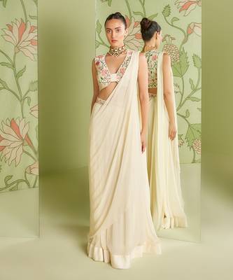 Ivory pre-draped saree set 1