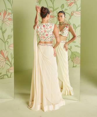 Ivory pre-draped saree set 2