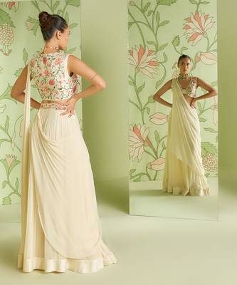 Ivory pre-draped saree set 4