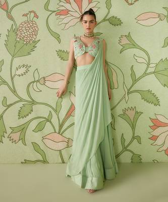 Sage green pre-draped saree set 1