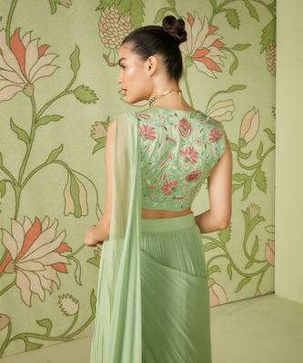 Sage green pre-draped saree set 2