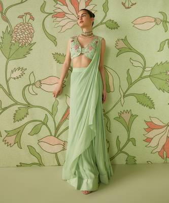Sage green pre-draped saree set 3