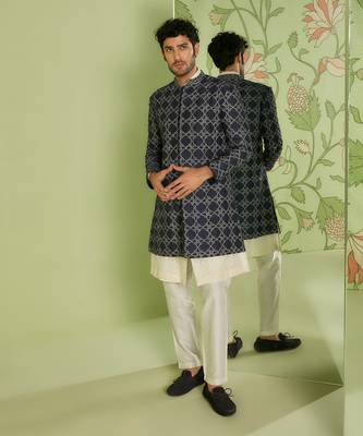 Navy blue indo western short jacket set with jamdani kurta 1