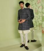 Navy blue indo western short jacket set with jamdani kurta