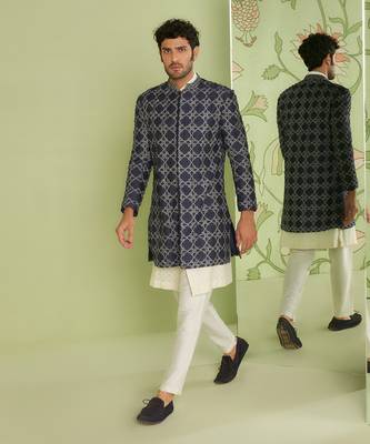 Navy blue indo western short jacket set with jamdani kurta 2