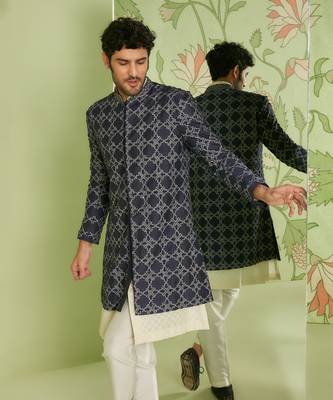 Navy blue indo western short jacket set with jamdani kurta 3