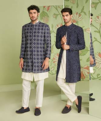 Navy blue indo western short jacket set with jamdani kurta 4