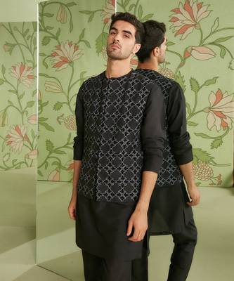 Black without collar bundi kurta set 2