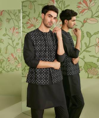 Black without collar bundi kurta set 3