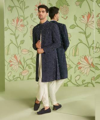 Navy blue indo western jacket set with jamdani kurta 1