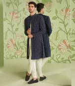 Navy blue indo western jacket set with jamdani kurta