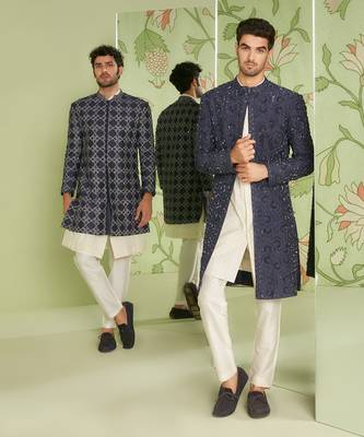 Navy blue indo western jacket set with jamdani kurta 2