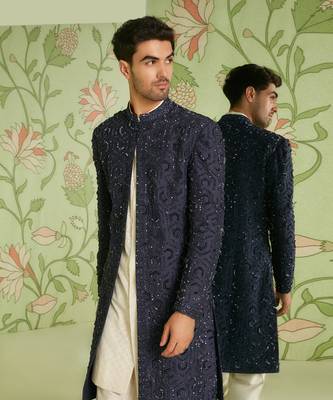 Navy blue indo western jacket set with jamdani kurta 3