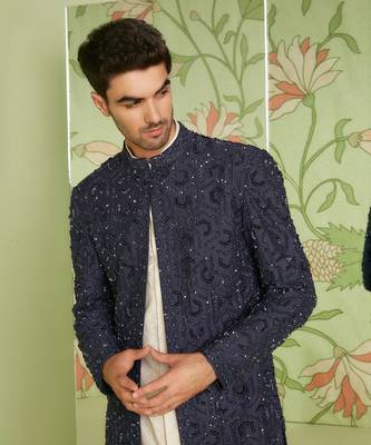 Navy blue indo western jacket set with jamdani kurta 4