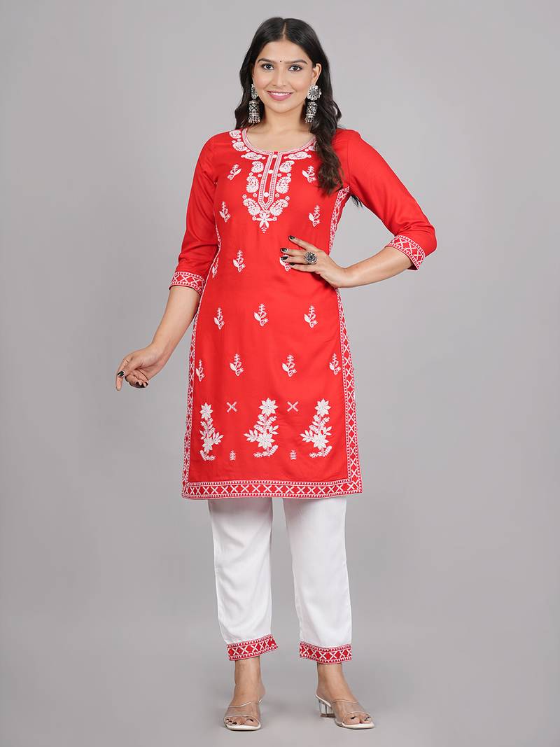 Aaryahi women rayon red & white embroidery straight kurta and pant with dupatta set