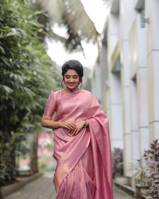 Light Pink Woven Faux Faux Kanjivaram Silk Saree With Blouse Piece 4