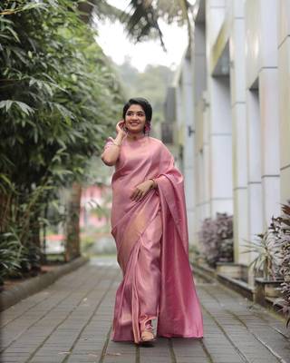 Light Pink Woven Faux Faux Kanjivaram Silk Saree With Blouse Piece 5