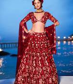 Red Net Sequins, Mirror and thread embroidery Semi-Stitched Lehenga choli & Dupatta