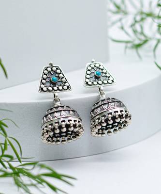 Indian ethnic silver earrings studded with firoza stone 1