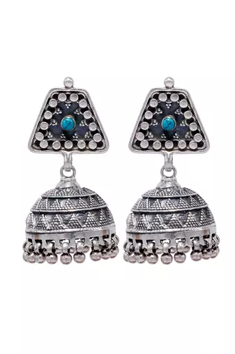 Indian ethnic silver earrings studded with firoza stone