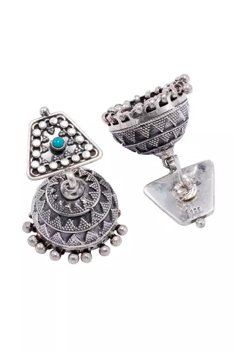 Indian ethnic silver earrings studded with firoza stone