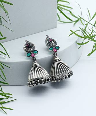 Gemstone studded dome shaped silver jhumka earrings 1