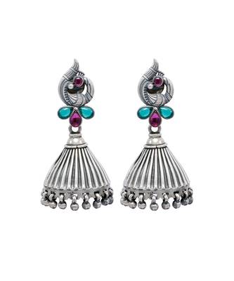 Gemstone studded dome shaped silver jhumka earrings 2