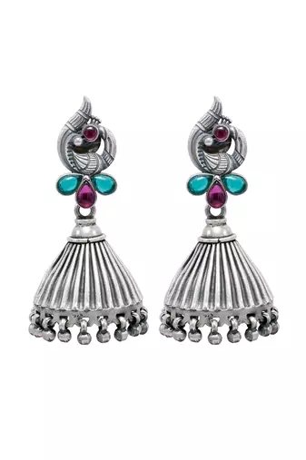 Gemstone studded dome shaped silver jhumka earrings