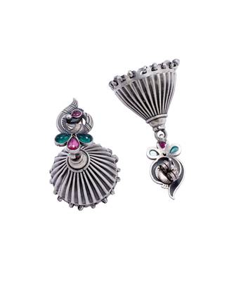 Gemstone studded dome shaped silver jhumka earrings 3