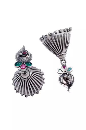 Gemstone studded dome shaped silver jhumka earrings