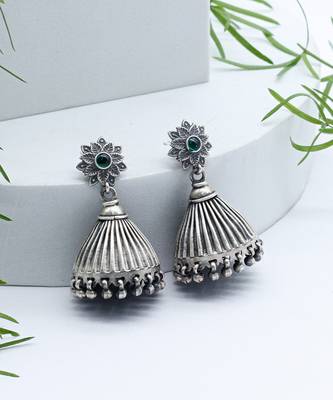 Emerald studded floral design silver jhumkis 1